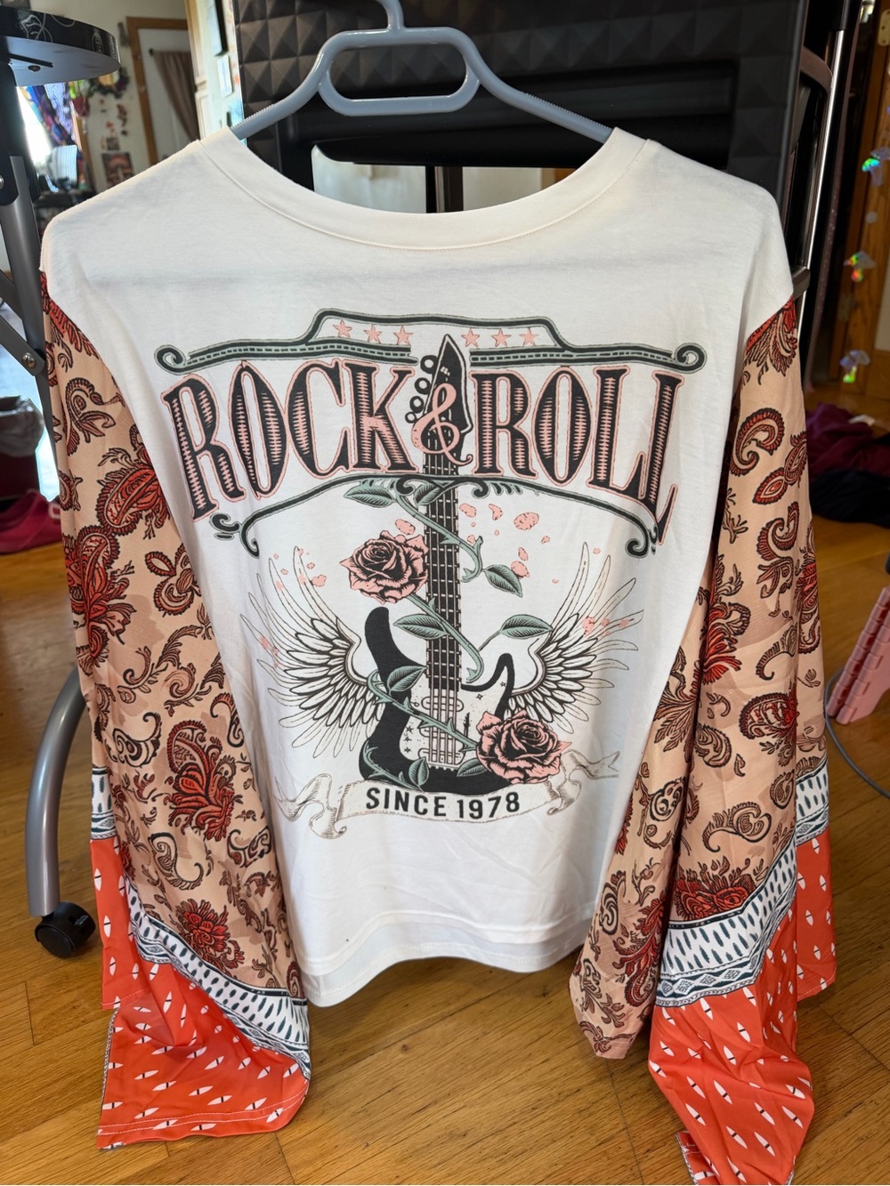 Rock & Roll Graphic Long Sleeve Tee - White with Coral Paisley Sleeves